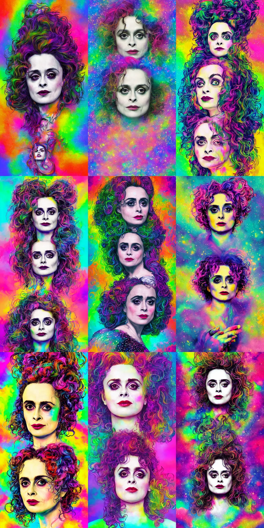 Prompt: a detailed portrait of helena bonham carter in the style of hypergalactic, lisa frank and stephen gammell, kubrick, tim burton, vivid color scheme, colorful, crisp, ornate, 8 k, artstation, artstationhd, artstationhq, post processed, cinematic, compositing, rack focus, wide shot,