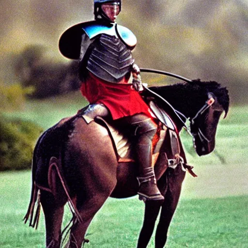 Image similar to a high - quality vhs video from 1 9 8 7 of a knight riding a horse