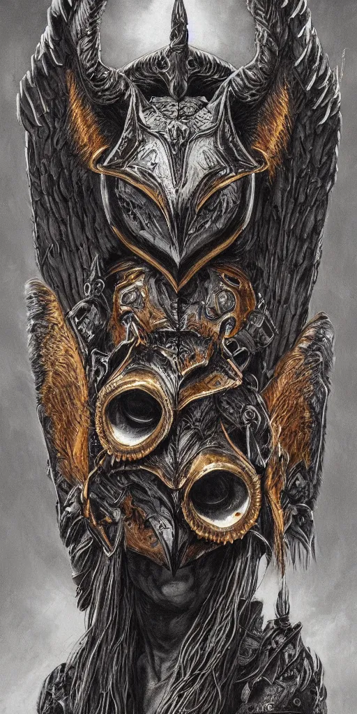 Prompt: sideview waist up portrait of owl wear baphomet armor made with porcelain by jeff easley and peter elson, beautiful eyes and face, symmetry face, galaxy, gothic, surreal, dread, highly detailed, intricate complexity, epic composition, magical atmosphere, masterpiece, award winning, trending on artstation