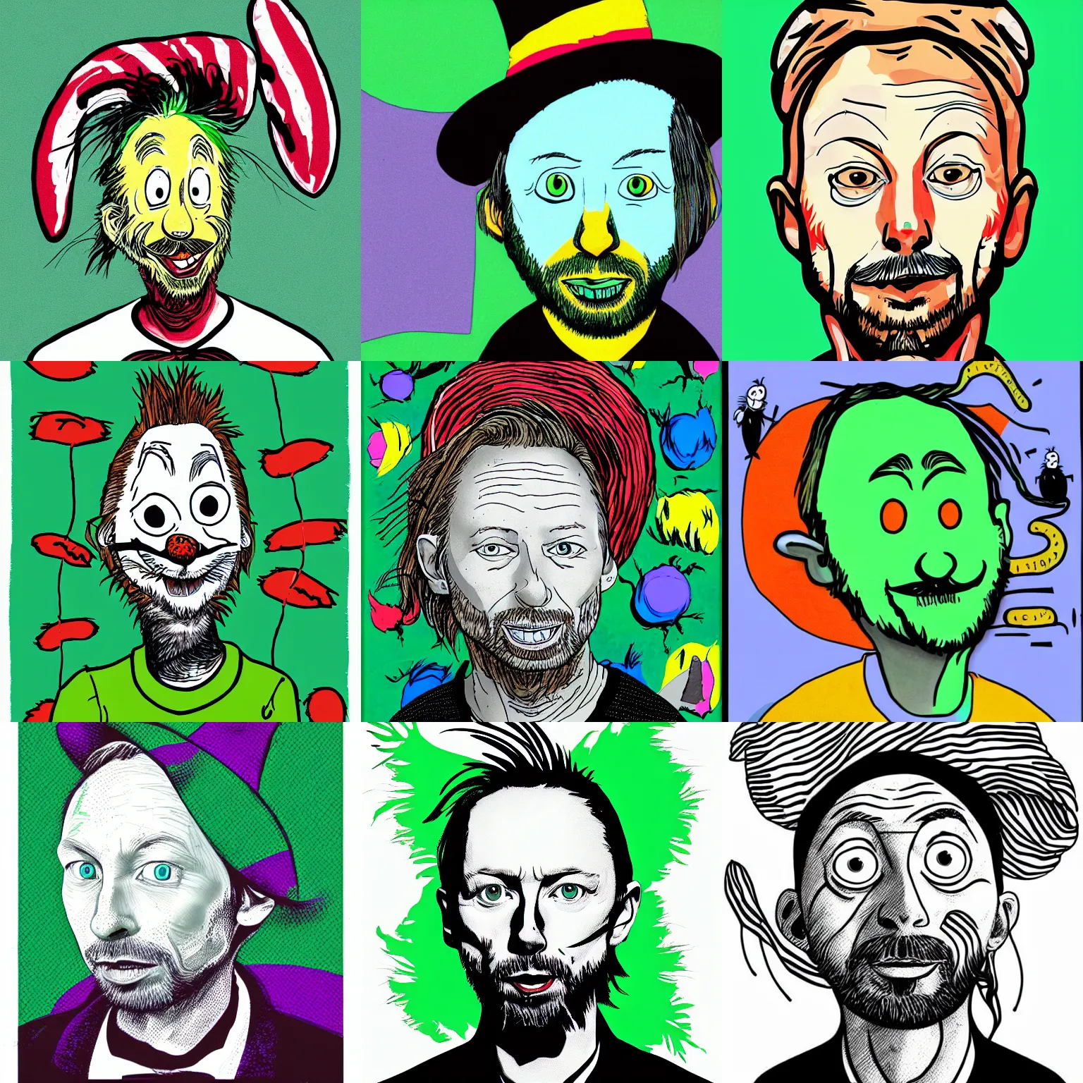 Prompt: portrait of thom yorke in the style of dr. suess, green eggs and ham, cat in the hat, suess