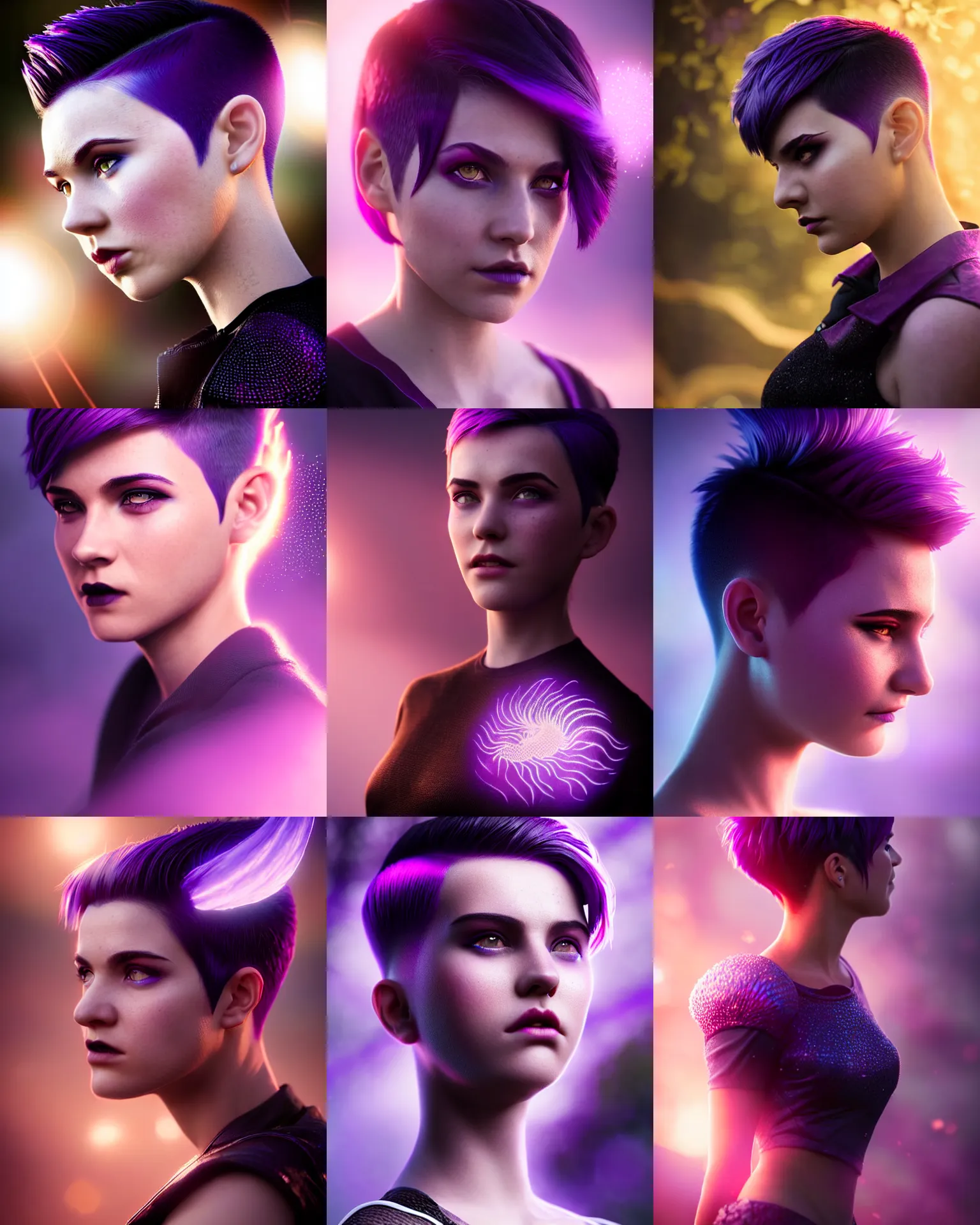 Prompt: Portrait photograph of attractive magic young adult female, pixie undercut hairstyle, black to purple fade hairstyle, thick dragon scales peak through hair, cinematic rim light, lens flare, bloom, shallow focus dof bokeh, art by Greg Rutkowski