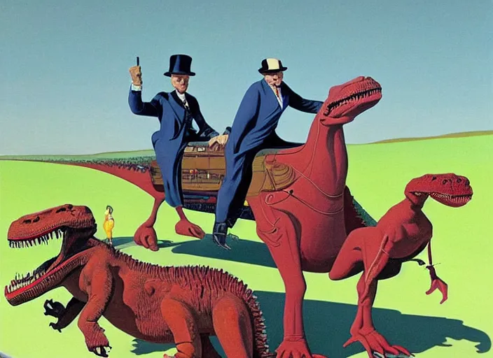 Image similar to Winston Churchill riding a T-Rex, painting by Jean Giraud and René Magritte and Gary Panter and Robert Crumb, claymation in octane