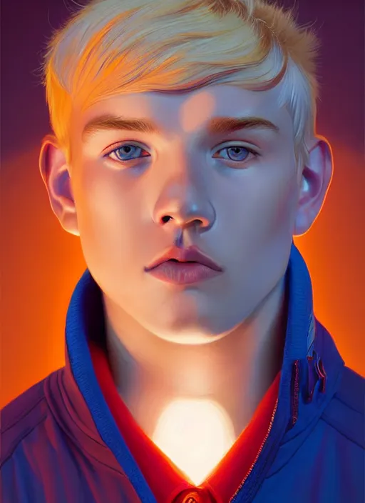 Image similar to portrait of high school senior boy named big moose, blonde short hair, jock, beefy, wide face, square jaw, square facial structure, blue varsity jacket with letter r, intricate, elegant, glowing lights, highly detailed, digital painting, artstation, concept art, sharp focus, illustration, art by wlop, mars ravelo and greg rutkowski