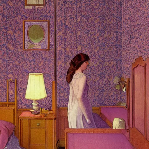 Image similar to a lonely girl in a liminal hotel room, art nouveau wallpaper, film still by wes anderson, depicted by balthus, limited color palette, very intricate, art nouveau, highly detailed, lights by hopper, soft pastel colors, minimalist