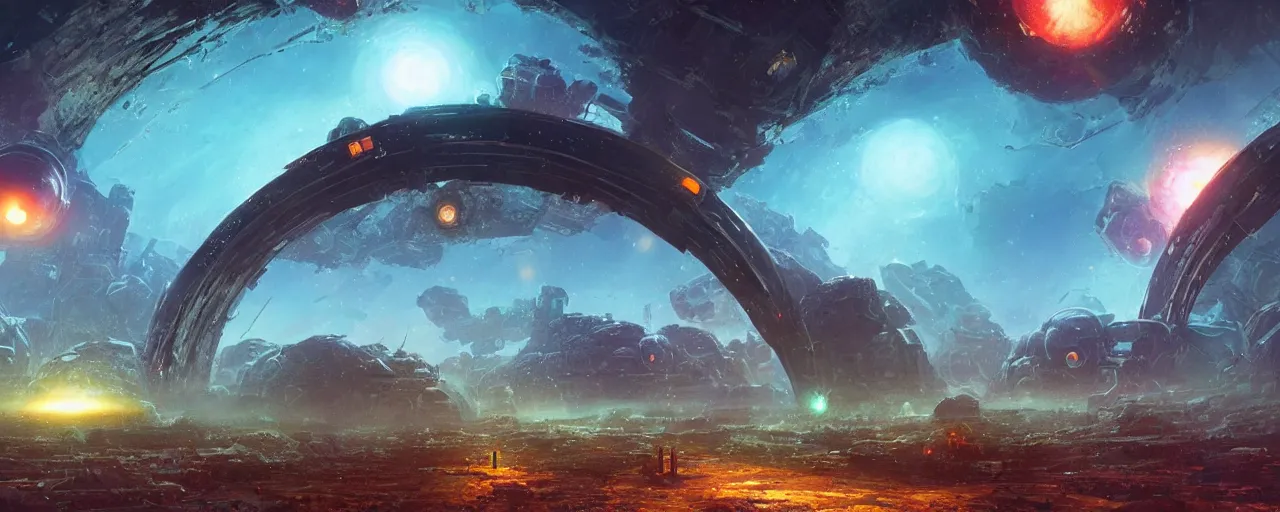 Prompt: ” planetary portal abandoned over open sky, [ art by paul lehr, cinematic, detailed, epic, widescreen, opening, establishing, mattepainting, photorealistic, realistic textures, octane render ] ”