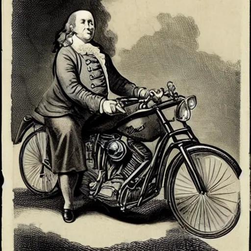 Image similar to benjamin franklin as a biker on a harley davidson