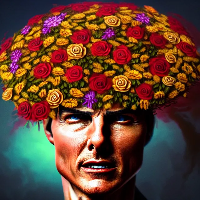 Image similar to bizarre surreal renaissance portrait of tom cruise as a box made out various flowers, dramatic cinematic lighting, bold colors, 8 k, beautiful intricate painting, hyper realistic, octane render