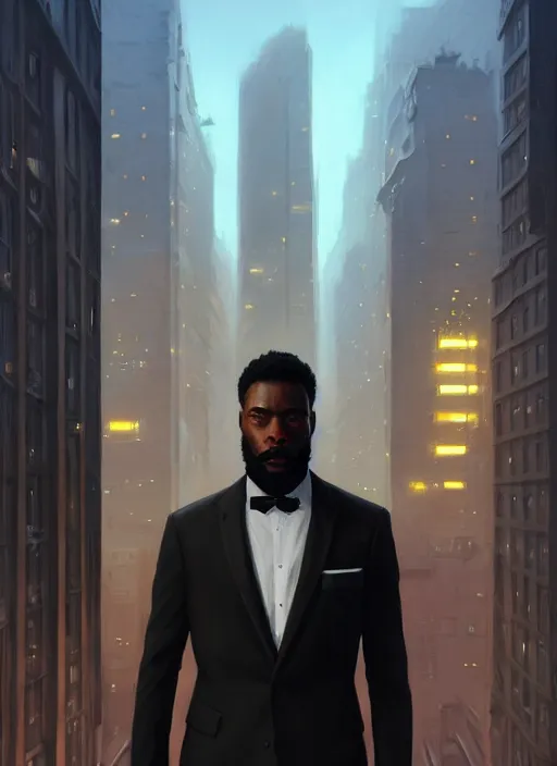 Prompt: portrait of handsome black genius in tailored suit, urban skyline, low haircut with full beard, supreme mathematics, elegant atmosphere, glowing lights, highly detailed, digital painting, artstation, concept art, smooth, sharp focus, illustration, art by wlop, mars ravelo and greg rutkowski