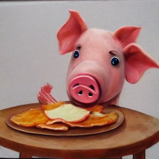 Image similar to a pig eating a rasher of bacon. detailed, realistic,