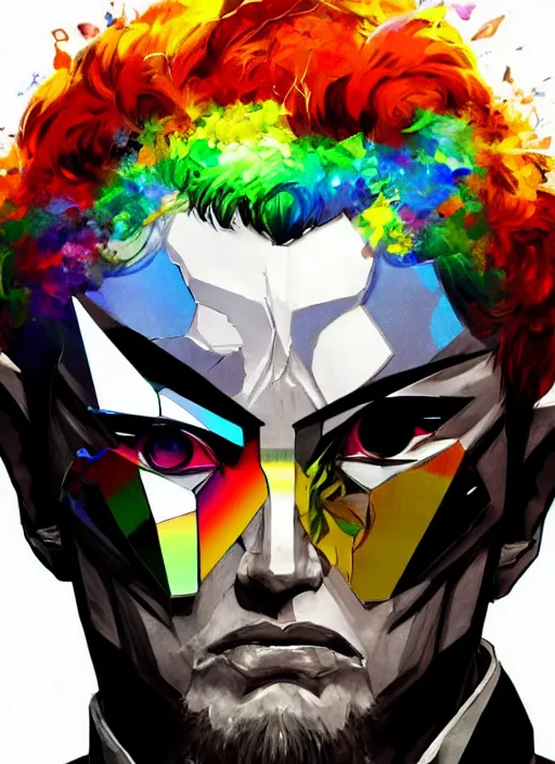 Image similar to Half body portrait of a god of intellect, a man in a rainbow tuxedo wearing a shattered mirror mask. In style of Yoji Shinkawa and Hyung-tae Kim, trending on ArtStation, dark fantasy, great composition, concept art, highly detailed, dynamic pose.