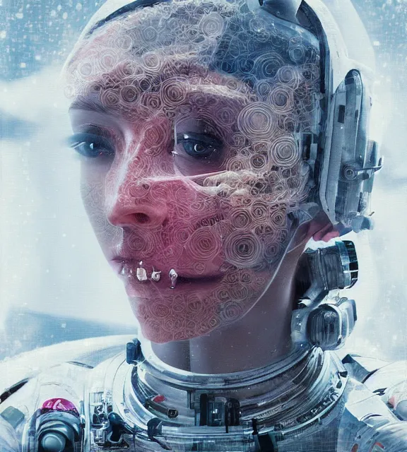 Image similar to hyperrealistic portrait of a woman monster astronaut, sofia coppola, cyberpunk, well lit, intricate abstract. gucci style, intricate artwork, high detail, figurative art, multiple exposure, poster art, 3 d, by stanley kubrick and tooth wu and wlop and beeple, realistic, hyperdetailed, 8 k resolution.