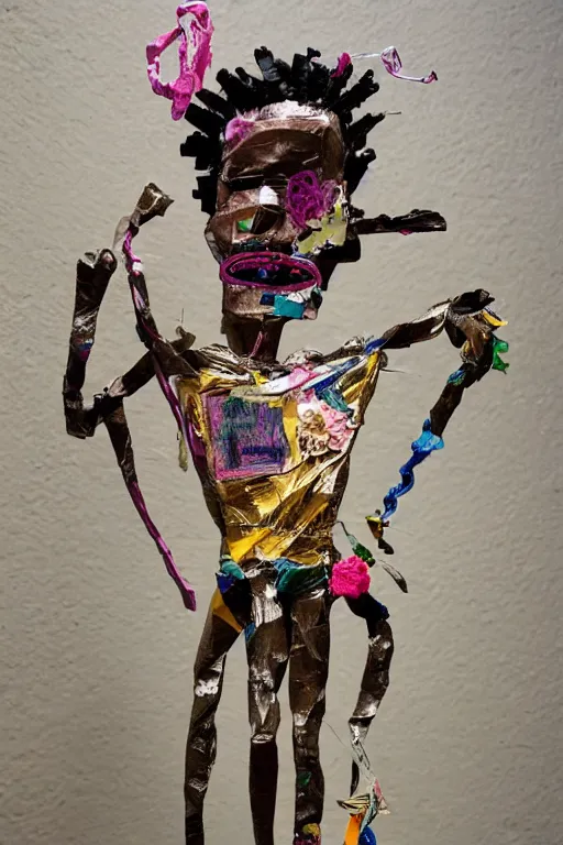 Image similar to a papercraft scene made entirely of pipecleaners and crumpled foil of Jean-Michel Basquiat as a full-body bronze baroque statue of Icarus in the posing like a bird for flight, crown of peach roses, flowing pink-colored silk, fabric, flowers. baroque elements, human skull. full-length view. baroque element. intricate artwork by caravaggio. many many birds birds on background. Trending on artstation, octane render, cinematic lighting from the right, hyper realism, octane render, 8k, depth of field, 3D