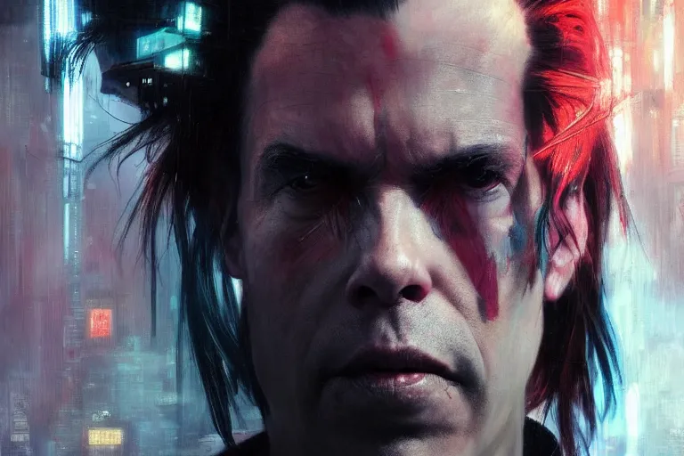 Prompt: a portrait of cyberpunk nick cave, masterpiece, dramatic lighting, painting by caravaggio and ruan jia and jakub rebelka