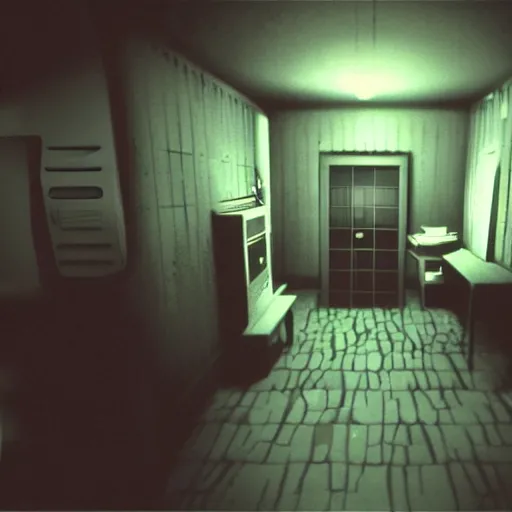 Prompt: an old computer screen showing a low poly horror games, the horror game shows a person and an apartment in a low poly style, hyper detailed computer, super realistic.