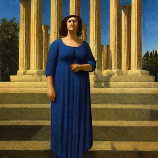 Prompt: a woman in a long dark blue dress is standing in front of a greek temple, by carel willink