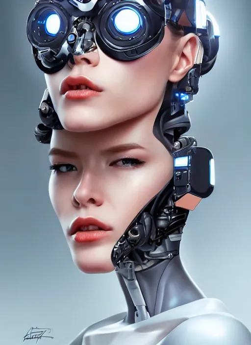 Prompt: portrait of a cyborg woman who turns her head to the ((((((right))))) left+4 (((((up))))) (((((down))))) by Artgerm,eyes closed , biomechanical, hyper detailled, trending on artstation