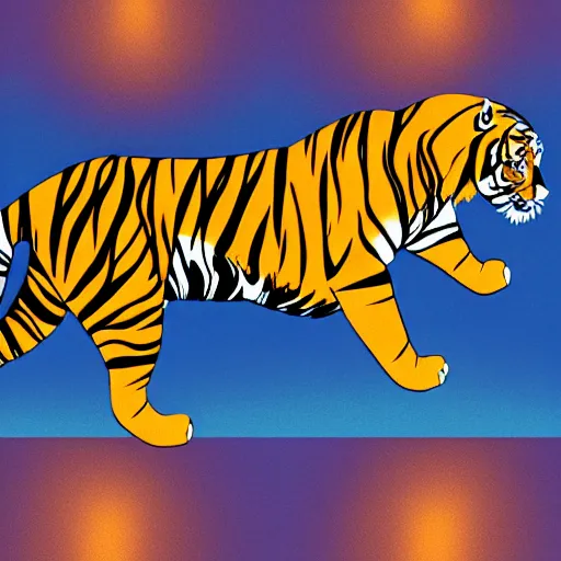 Image similar to tiger walking with backdrop showing the sky, palm tres. the tiger has sharp claws and teeth. in geometric illustration style