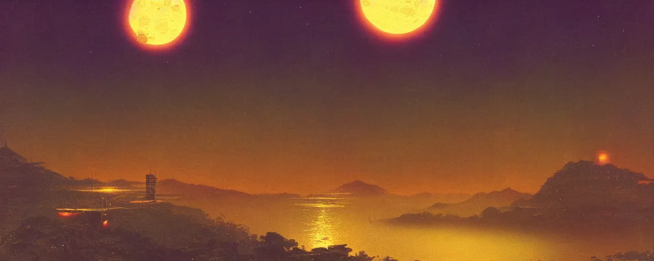Image similar to awe inspiring bruce pennington landscape, digital art painting of 1 9 7 0 s, japan at night, 4 k, matte