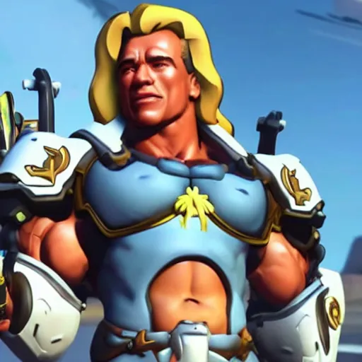 Image similar to a screenshot of arnold schwarzenegger as mercy in overwatch