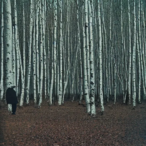 Prompt: photograph of an old man in a birch forest, medium format, shallow depth of field, tarkovsky