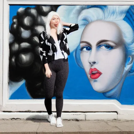 Image similar to platinum - blonde - haired hime - cut blue - eyed 1 9 - year - old french empress wearing white leggings and black silk jacket, adoring communist mural on wall, post - revolutionary era, hd photograph