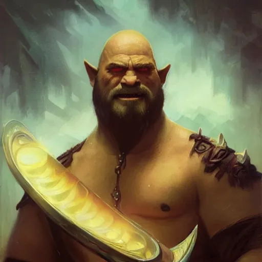 Prompt: well - groomed orc bard, goatee, bald, thoughtful expression, fantasy character portrait by greg rutkowski, gaston bussiere, craig mullins