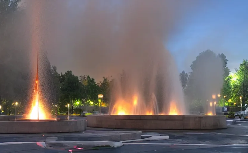 Prompt: a photo of a roundabout with a fountain shooting fire