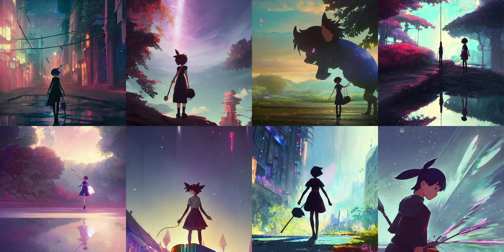 Prompt: kiki's delivery service. hq glistening beautiful colors, rich moody atmosphere, reflections specular highlights, megastructure realistic detailed background, brandishing iridescent cosmic weapons, colourful 3 d crystals, dark ominous jagged sharp steel gritty armor, makoto shinkai greg rutkowski matte portrait animation