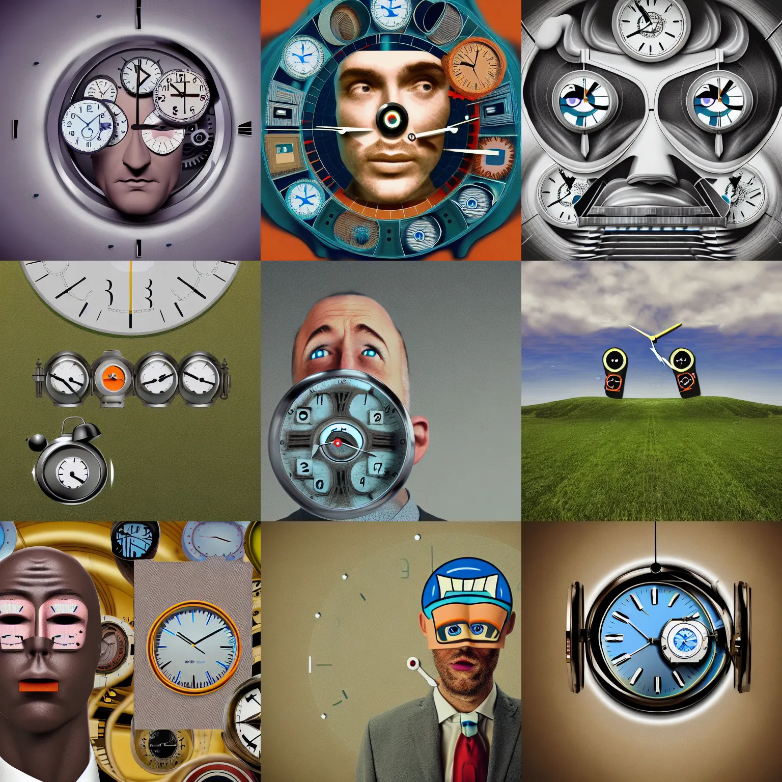 Prompt: retro futuristic mans face with clocks for his eyes surreal, absurd