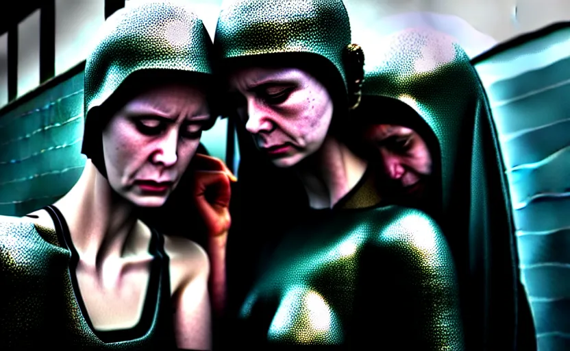 Image similar to cinestill 5 0 d candid photographic portrait by steve mccurry of two loving female androids sobbing wearing rugged black mesh techwear in treacherous waters, flooded city, medium closeup, retrofuturism cyberpunk moody emotional cinematic, pouring iridescent rain bright spotlight helicopter, 8 k, hd, high resolution, 3 5 mm, f / 3 2, ultra realistic faces, ex machina