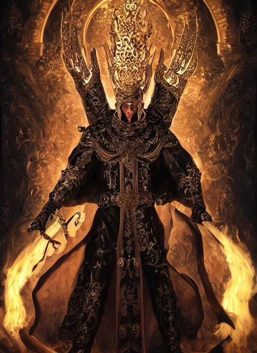 Prompt: high intricate male priest with white baroque armor and black garment fighting a fire demon, maria panfilova, andrea savchenko, mike kime, ludovic plouffe, qi sheng luo, oliver cook, trending on artstation