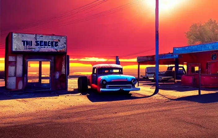 Image similar to a sunset light landscape with historical route 6 6, lots of sparkling details and sun ray ’ s, blinding backlight, smoke, volumetric lighting, colorful, octane, 3 5 mm, abandoned gas station, old rusty pickup - truck, beautiful epic colored reflections, very colorful heavenly, softlight