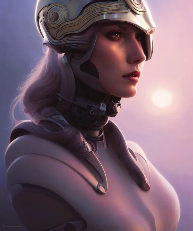 Image similar to futuristic woman in helmet portrait, sci-fi, amber eyes, face, long hair, fantasy, intricate, elegant, highly detailed, digital painting, artstation, concept art, smooth, sharp focus, illustration, art by artgerm and greg rutkowski and alphonse mucha