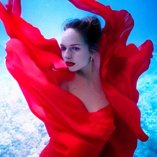 Image similar to beautiful portrait of fashion model in red silk underwater, 35mm film