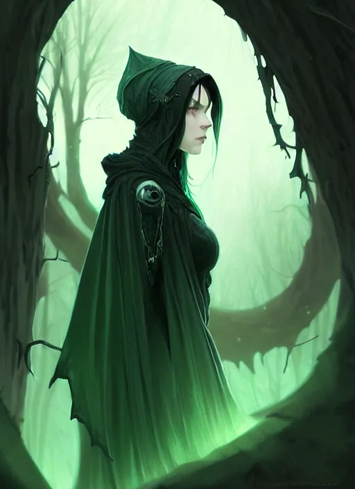 Image similar to side portrait dark witch with hood, adventurer outfit large cloak, fantasy forest landscape, moonshine, fantasy magic, undercut hairstyle, short green black fade hair, dark light night, intricate, elegant, sharp focus, illustration, highly detailed, digital painting, concept art, matte, art by WLOP and Artgerm and Greg Rutkowski and Alphonse Mucha, masterpiece