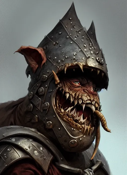 Image similar to portrait of an angry medieval goblin in the armor, beautiful face, hyper realistic, highly detailed, digital painting, artstation, illustration, concept art by hyung tae and frank frazetta, digital paint, matte paint, washed colors, eating cakes, dark, gloomy, foggy