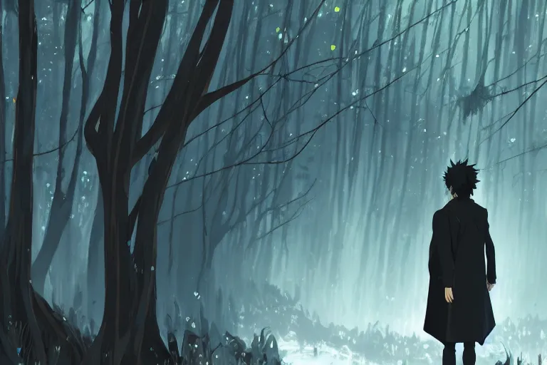 Prompt: maximalist otherworldly forest walking male in black coat, trending on pixiv fanbox, painted by makoto shinkai takashi takeuchi studio ghibli, akihiko yoshida, yoshitaka amano, wangechi mutu, clean cel shaded vector art, illustration, hd, 8 k