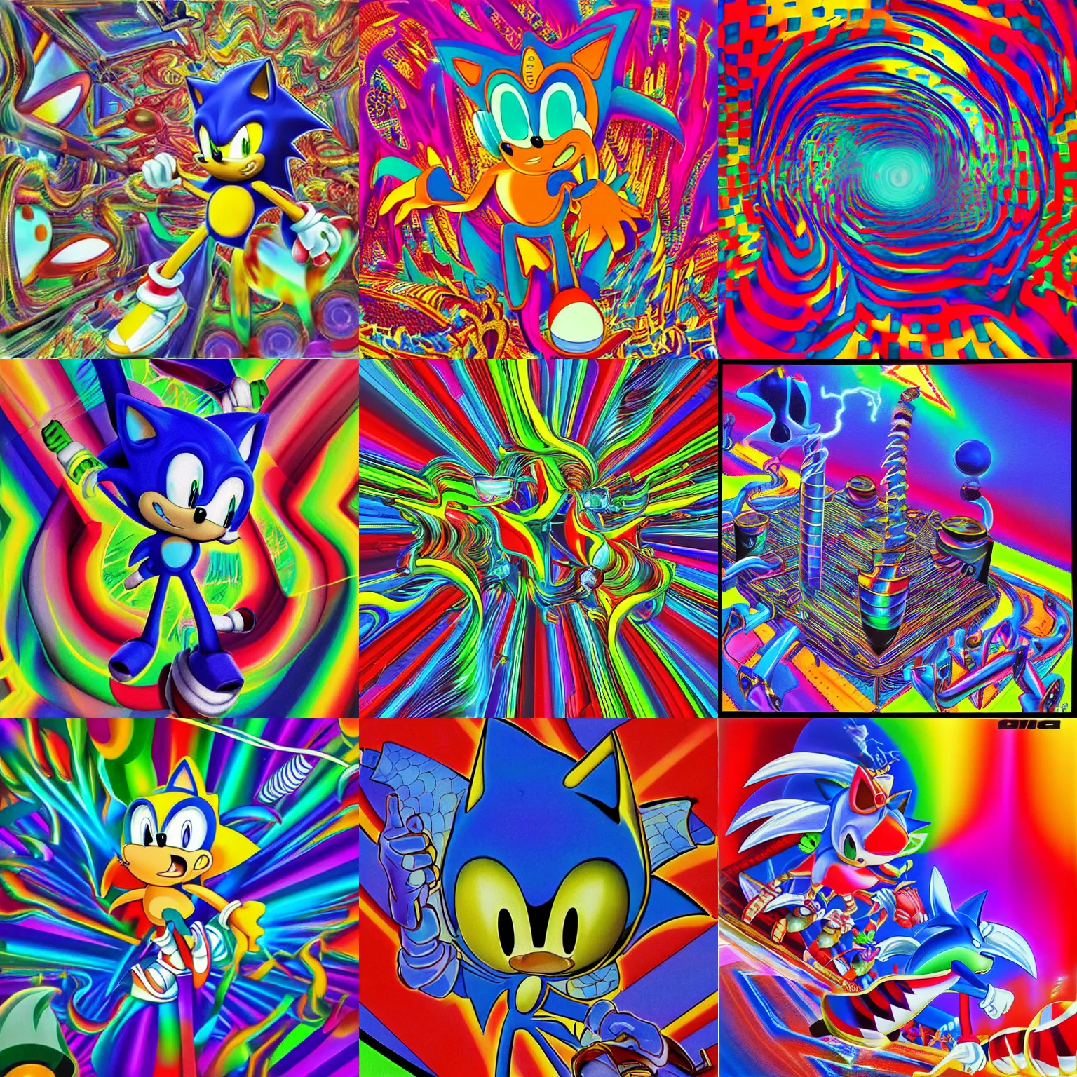 Prompt: too many surreal, sharp, detailed professional, high quality airbrush art mgmt album cover of a sonic liquid dissolving airbrush art lsd dmt sonic the hedgehog channel surfing through cyberspace, iridescent checkerboard background, 1 9 9 0 s 1 9 9 2 sega genesis video game album cover
