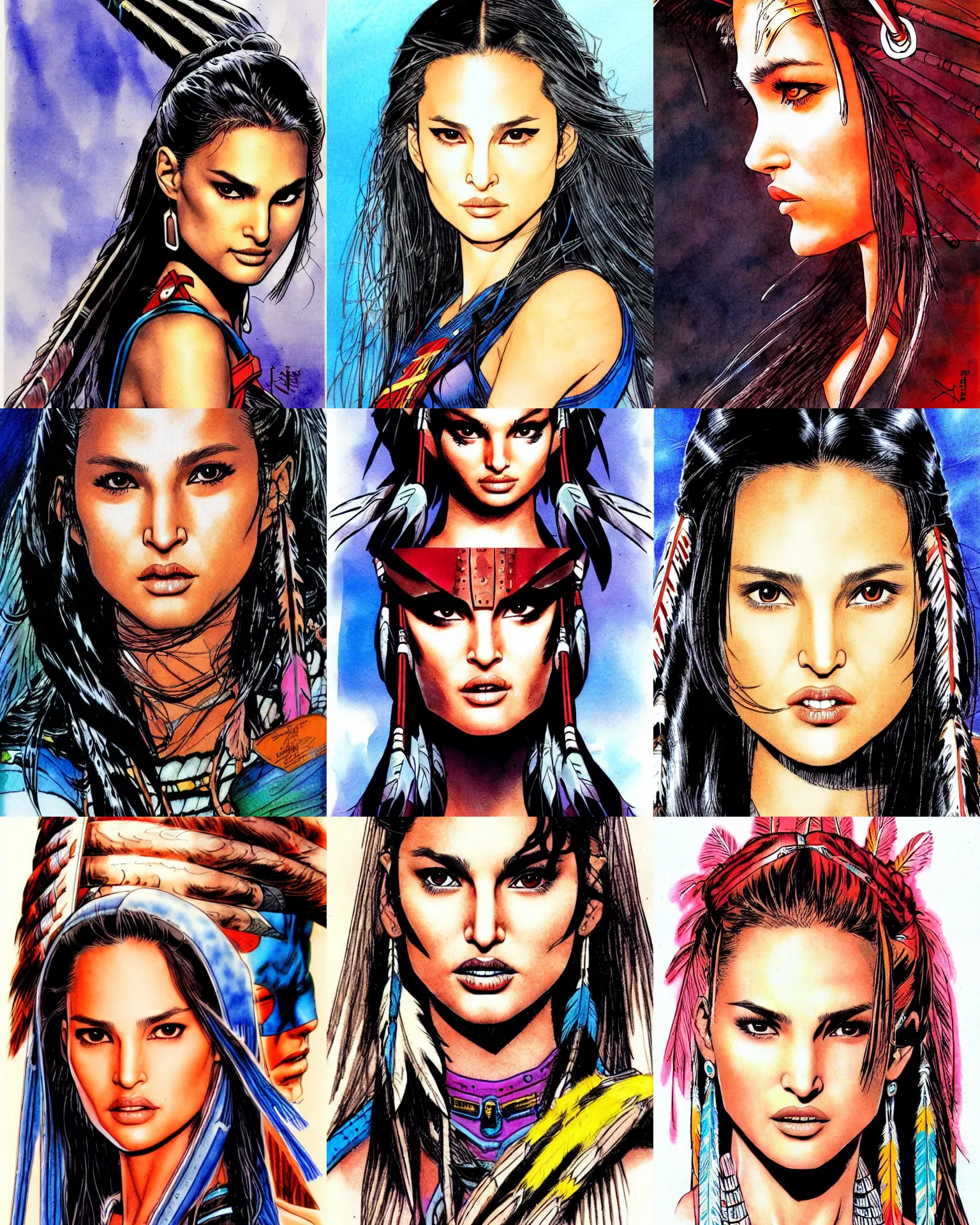 Prompt: jim lee!!! ink colorised airbrushed gouache sketch by jim lee close up headshot of native indian chinese natalie portman ( ( cindy crawford ) ) in the style of jim lee, x - men superhero comic book character by jim lee