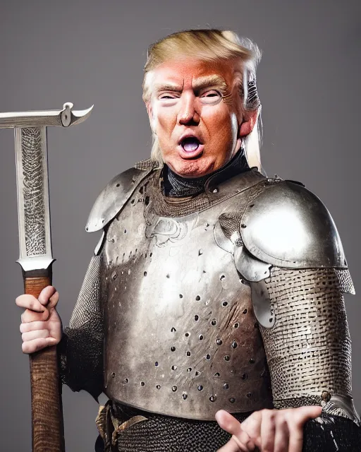 Prompt: a photo of donald trump dressed as a medieval knight. he's holding a sword with both hands. medium shot portrait. dslr photography