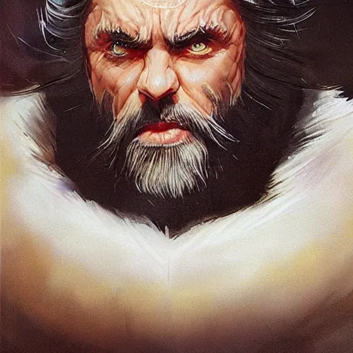 Image similar to beautiful portrait painting of a very short and small male halfing bard with white hair, full beard, extremely irritated, agitated, from pathfinder, evil smirk, narcissist, self centered, casting fireball, painted by larry elmore, wayne reynolds, greg rutkowski, magic the gathering, dungeons and dragons, dishonored 2