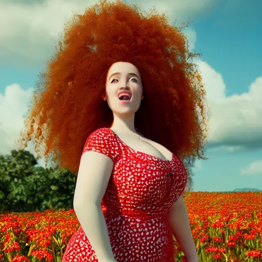 Image similar to film photography of a gorgeous red haired woman with big curly hair and freckles, curvy figure wearing dress with flower print, Pixar CGI , octane render, sharp details, bloom, 8k resolution, OLED