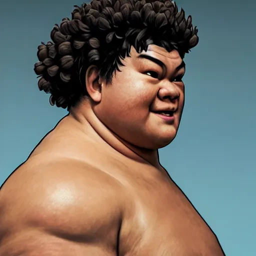 Prompt: gaten matarazzo as e. honda the sumo wrestler from street fighter, smiling, ultra realistic, concept art, intricate details, eerie, highly detailed, photorealistic, octane render, 8 k, unreal engine. art by artgerm and greg rutkowski and magali villeneuve and alphonse mucha