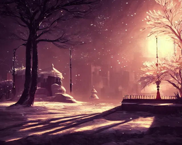 Image similar to scenery artwork, scene beautiful, light!! light essential calm and cozy winter world snow and night, surrealism oil on canvas, artstation!! pixiv!! dream scenery, quality nier : automata projection render, nier automata concept art, vaporwave textures