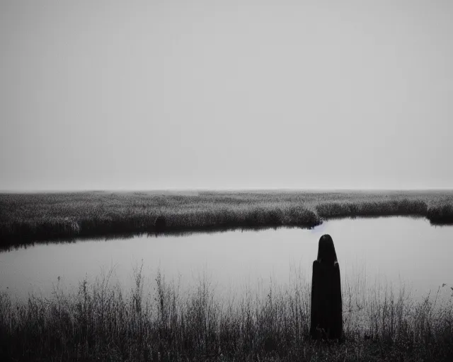 Prompt: lake by Andrei Tarkovsky, lady in long dress, mist, lomography effect, photo, monochrome, photo blurring, 35mm