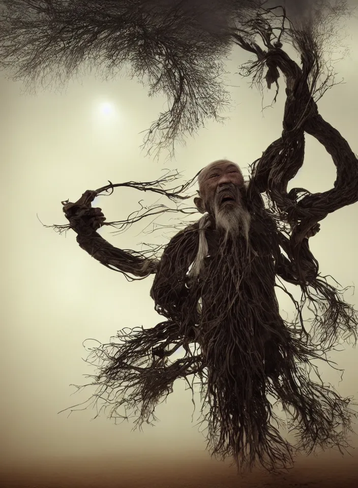 Prompt: full body shot of old asian man with long beard, hanging from a tree, his head upside down, covered in roots, bright multiple glowing eyes, holding a large carved wooden dark fractal stick, hanging upside down, head upside down, thick smoke around him, in the burning soil desert, cinematic shot, wide angle, dark desert background, volumetric lighting by Denis Villeneuve, Lubezki, Gaspar Noe, Christopher Doyle and Alejandro Jodorowsky, anamorphic lens, anamorphic lens flares, kodakchrome, cinematic composition, practical effects, award winning photo, 8k