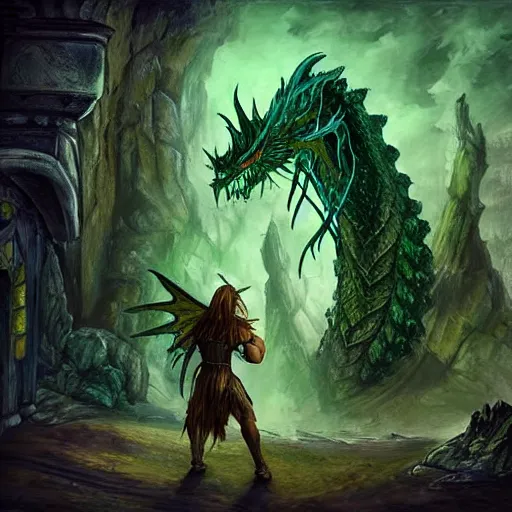 Prompt: fairy tale, painting, massive green dragon!!!, muscular, dnd, inside a dungeon, realistic!, dungeons and dragons, in front of small adventures in shadow, cinematic composition, huge wings, trimmed in gold, medieval style, detailed, lens flare, fan art, digital painting, kodachrome, dramatic