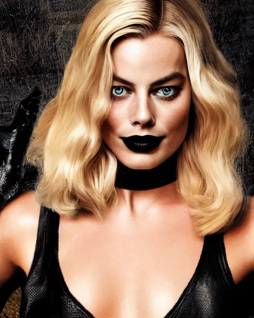 Image similar to portrait of margot robbie with a cat woman costume, full body shot, highly detailed, beautiful eyes, beautiful face, detailed face, cinematic, professional photograph