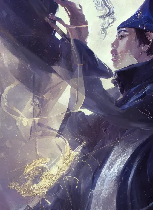 Image similar to a highly detailed illustration of short black haired young asian male wizard wearing ornate navy robe and mage hat, dramatic reading spell book pose, nonchalant expression, intricate, elegant, highly detailed, centered, digital painting, artstation, concept art, smooth, sharp focus, league of legends concept art, WLOP