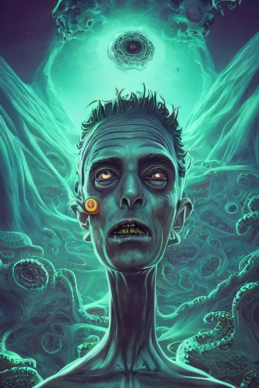 Image similar to rick and morty fused with a lovecraft space zombie, photo, portrait, 3d, high details, intricate details, by vincent di fate, artgerm julie bell beeple, 90s, Smooth gradients, octane render, 8k, volumetric lightning, High contrast, duo tone, depth of field, very coherent symmetrical artwork